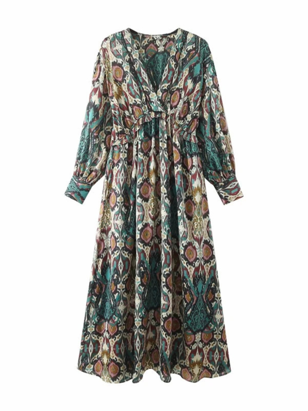 Spring Long Sleeve Printed Collar Midi Dress